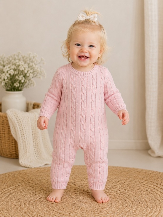 Elegant Baby Other - Elegant Baby Pink Cable Knit One Piece Romper Cozy Luxury | Size 12M